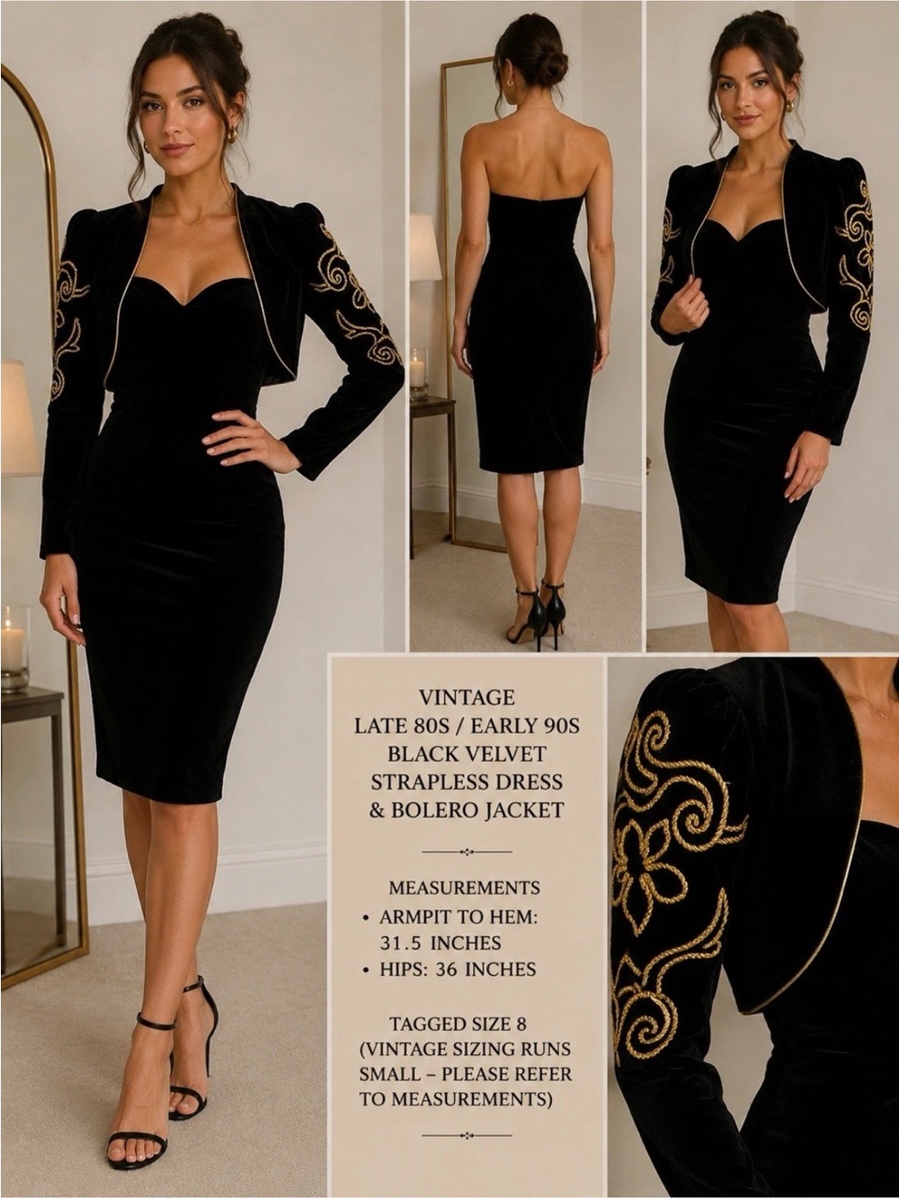 Vintage Black Velvet Dress & Bolero Set Gold Embroidered Size 8 80s 90s